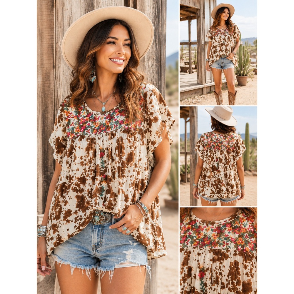 Savanna Jane Cow Print Floral Embroidered Boho Peasant Top 2X Western